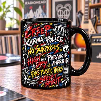 Radiohead Graffiti Mug, Creep Karma Police No Surprises Coffee Cup, Alternative Rock Street Art Music Gift