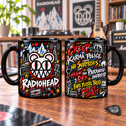 Radiohead Graffiti Mug, Creep Karma Police No Surprises Coffee Cup, Alternative Rock Street Art Music Gift