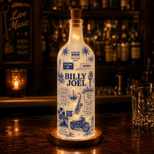 Billy Joel Bottle Lamp – Handmade LED Glass Bottle Lamp, Vintage Billy Joel Music Night Light, Piano Man Gift for Classic Rock Fans