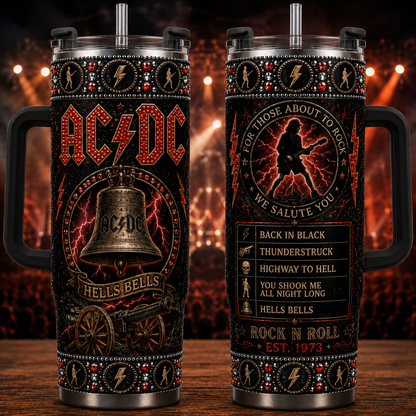 AC/DC 40oz Rhinestone Insulated Tumbler with Handle - Rock Band Stainless Steel Travel Mug with Straw and Lid