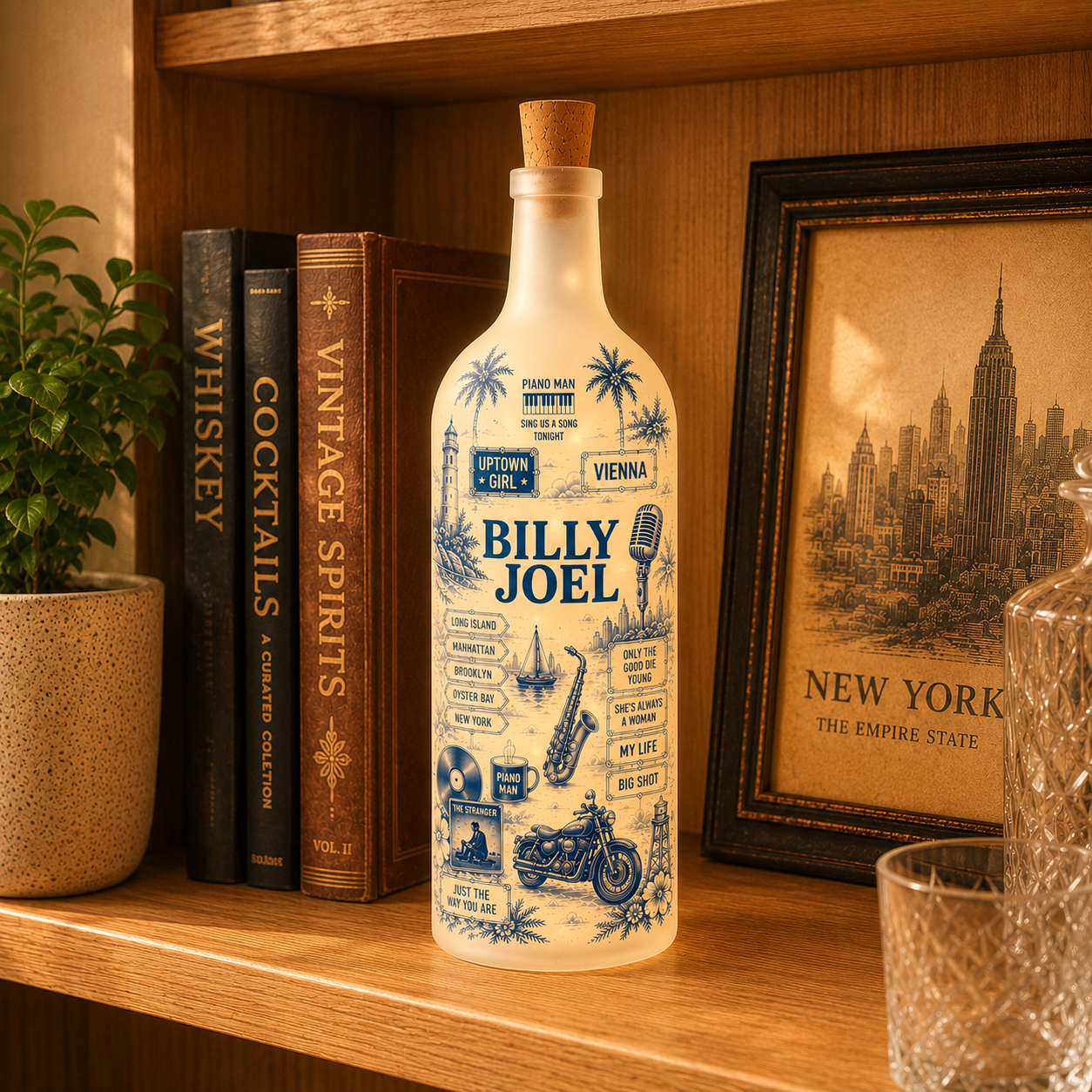 Billy Joel Bottle Lamp – Handmade LED Glass Bottle Lamp, Vintage Billy Joel Music Night Light, Piano Man Gift for Classic Rock Fans