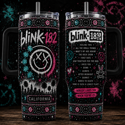 Blink-182 40oz Rhinestone Insulated Tumbler with Handle - Rock Band Stainless Steel Travel Mug with Straw and Lid