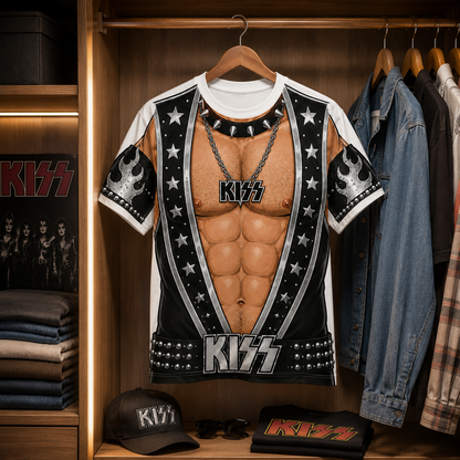 Funny KISS Fake Muscle Costume T-Shirt – Rock Band Body Illusion Tee, Novelty Concert Shirt, Heavy Metal Fan Gift