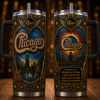 Chicago 40oz Rhinestone Insulated Tumbler with Handle - Rock Band Stainless Steel Travel Mug with Straw and Lid