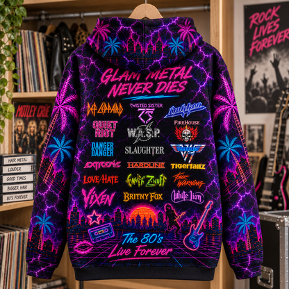 80s Glam Metal Never Dies Neon Hoodie – Hair Metal Bands 3D Printed Hoodie, Motley Crue, Bon Jovi, Poison & Guns N’ Roses Fan Gift
