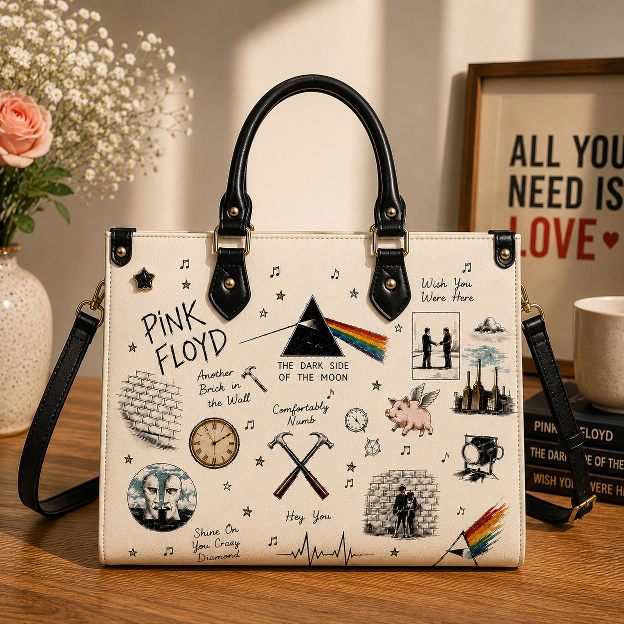 Pink Floyd Sketch Icon Handbag, Tote Bag and Wallet Set, Dark Side of the Moon Classic Rock Accessories, Pink Floyd Fan Gift