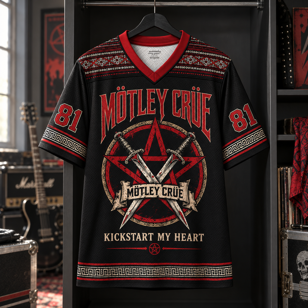 Mötley Crüe Jersey, Kickstart My Heart Pentagram Graphic Shirt, Heavy Metal Rock Band Jersey Gift