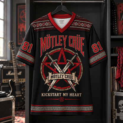 Mötley Crüe Jersey, Kickstart My Heart Pentagram Graphic Shirt, Heavy Metal Rock Band Jersey Gift