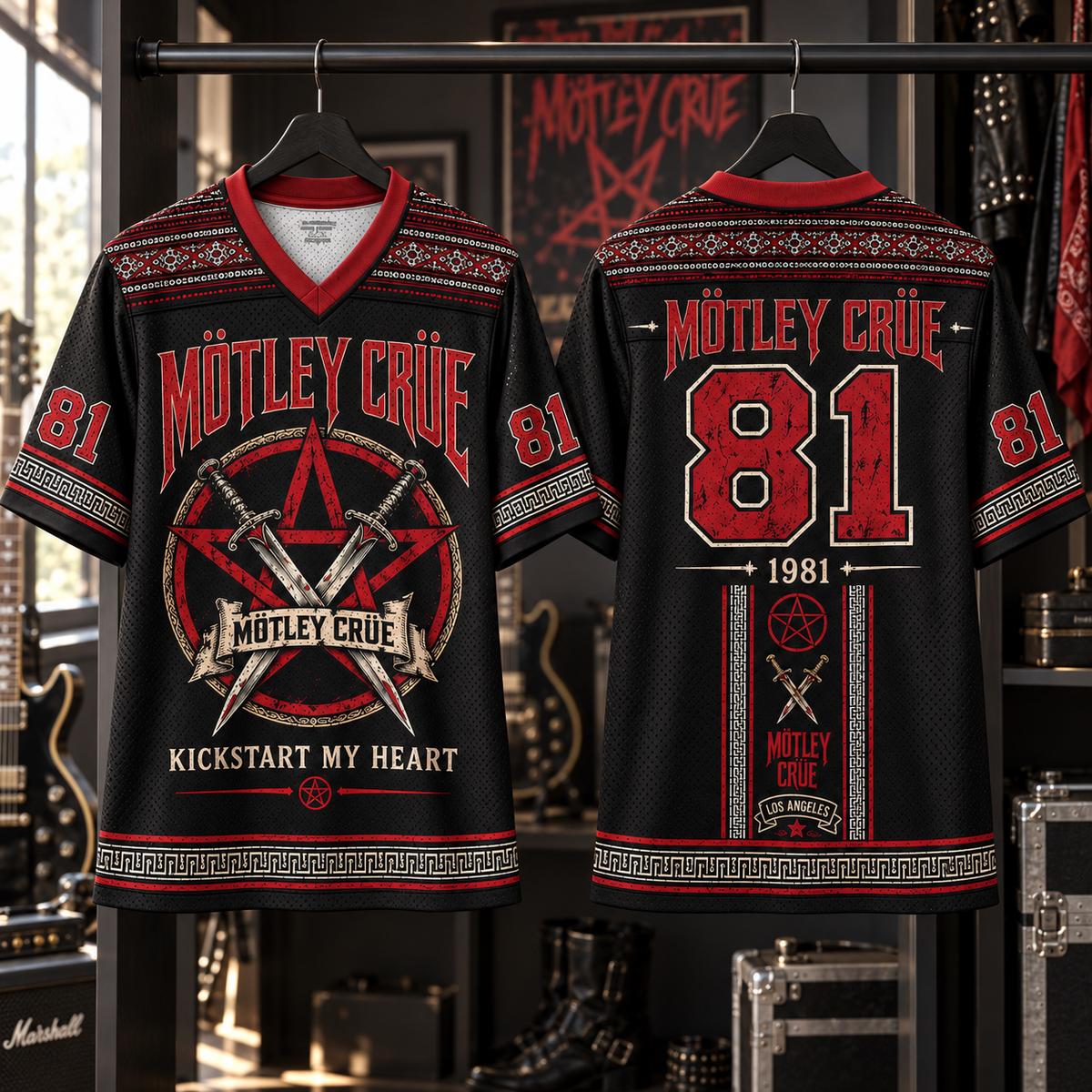 Mötley Crüe Jersey, Kickstart My Heart Pentagram Graphic Shirt, Heavy Metal Rock Band Jersey Gift