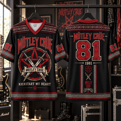 Mötley Crüe Jersey, Kickstart My Heart Pentagram Graphic Shirt, Heavy Metal Rock Band Jersey Gift