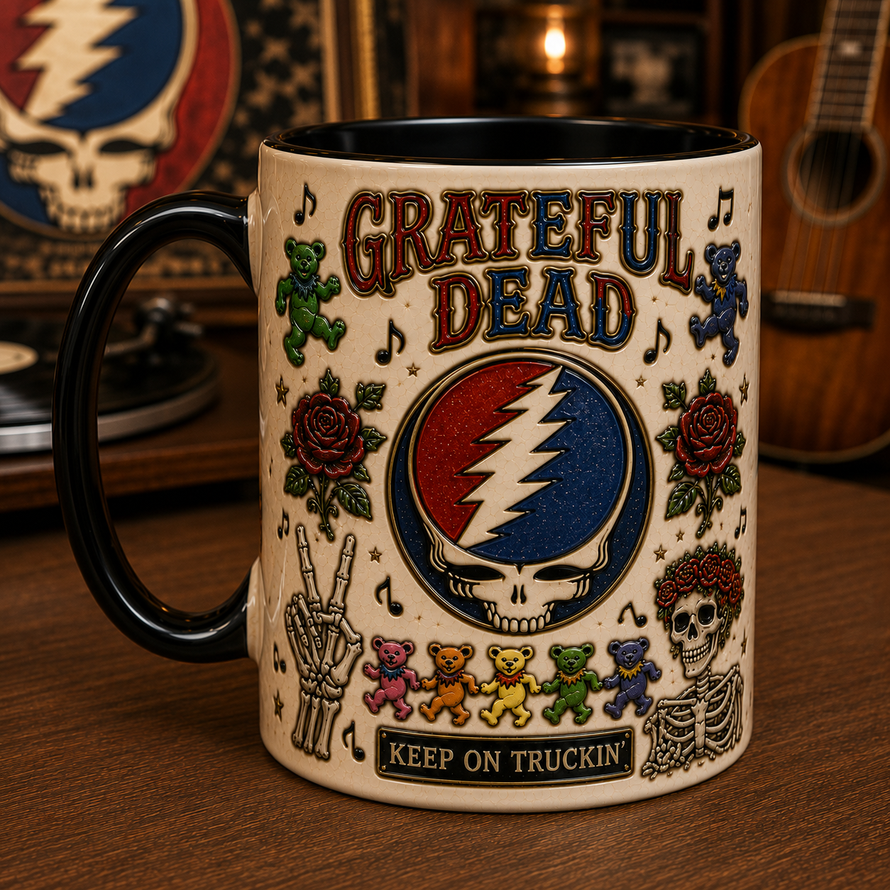 Grateful Dead Mug – Steal Your Face Coffee Cup, Dancing Bears & Roses Gift for Deadheads