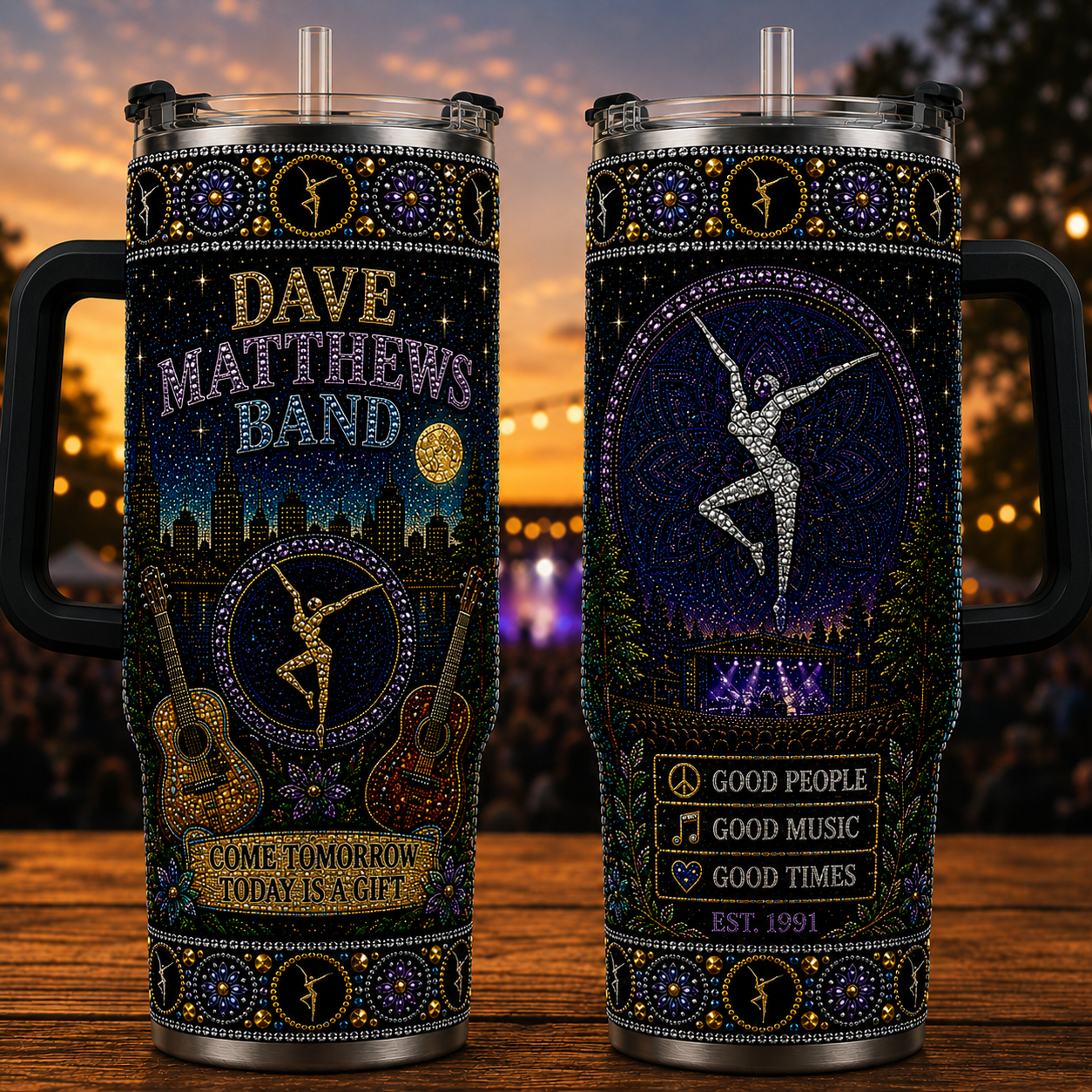Dave Matthews Band 40oz Rhinestone Insulated Tumbler with Handle - Rock Band Stainless Steel Travel Mug with Straw and Lid