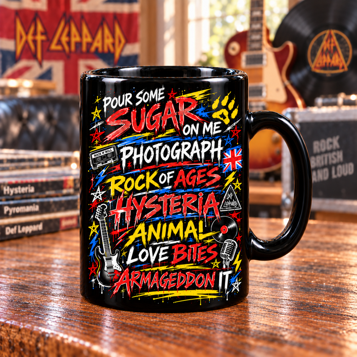 Def Leppard Graffiti Mug, Pour Some Sugar on Me Coffee Cup, Hysteria & Photograph Rock Music Gift, Classic Rock Fan Mug