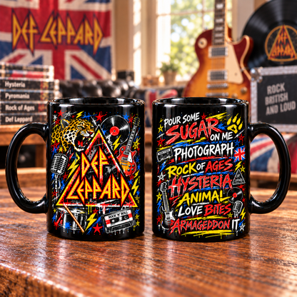 Def Leppard Graffiti Mug, Pour Some Sugar on Me Coffee Cup, Hysteria & Photograph Rock Music Gift, Classic Rock Fan Mug