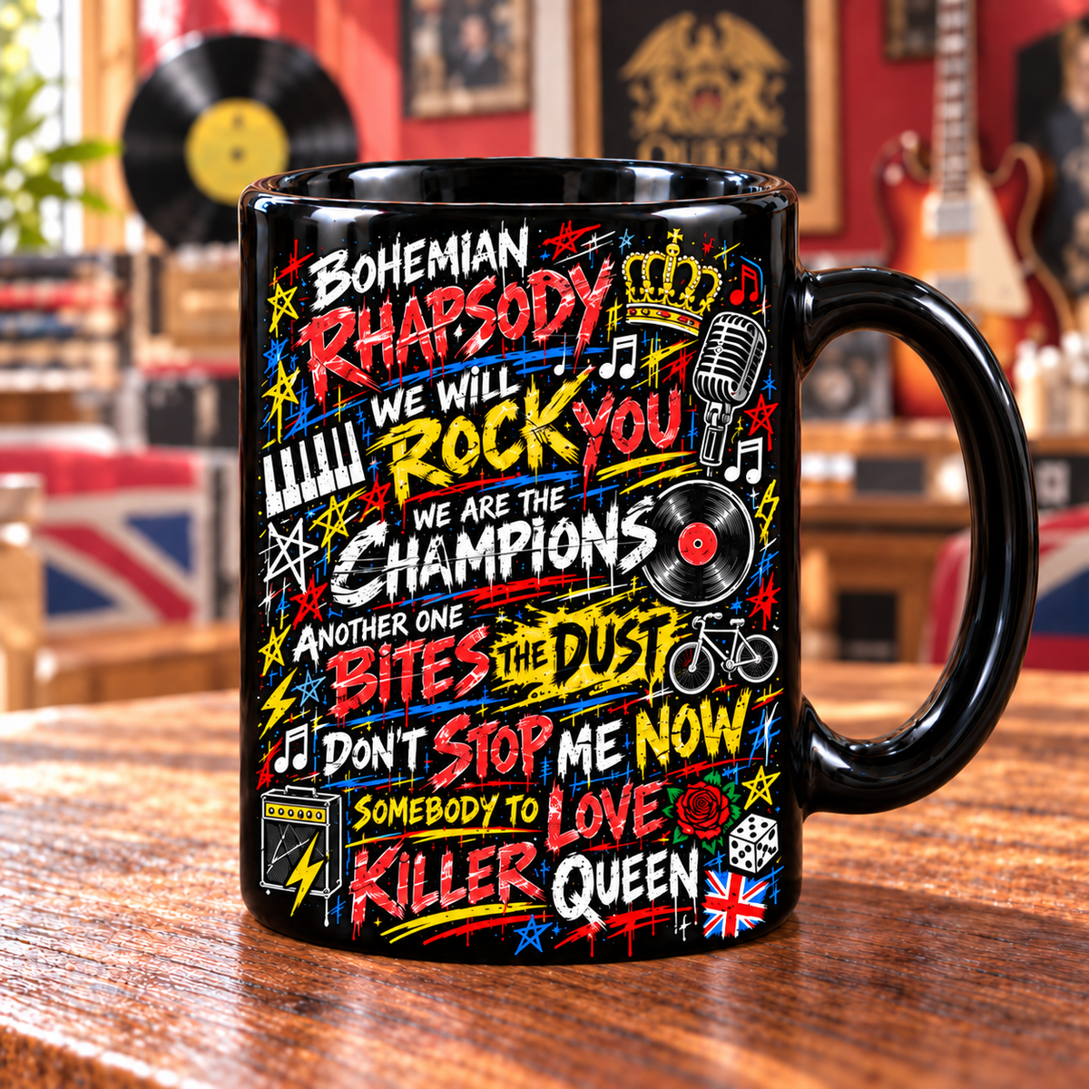 Queen Graffiti Mug, Bohemian Rhapsody Rock Coffee Cup, We Will Rock You Music Gift, Freddie Mercury Fan Mug