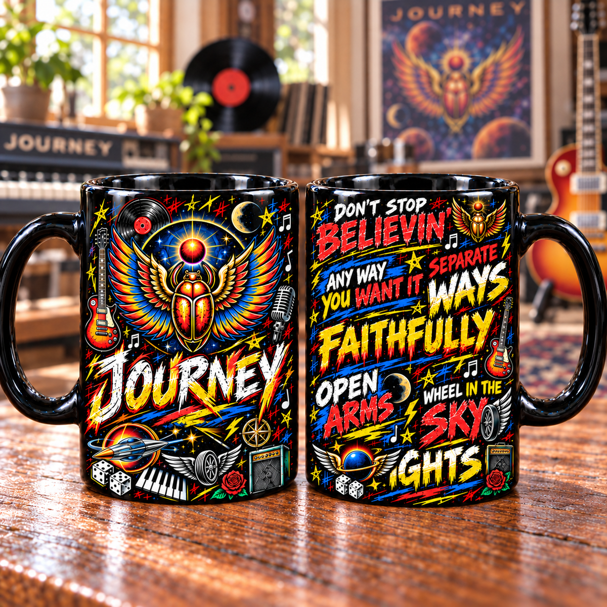 Journey Graffiti Mug, Don’t Stop Believin’ Rock Coffee Cup, Faithfully & Separate Ways Music Gift, Classic Rock Fan Mug