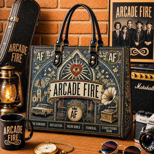 Arcade Fire Leather Handbag, Leather Tote Bag, Leather Wallet Set - Mosaic Arcade Fire Band Fan Gift, Luxury Rock Music Accessories