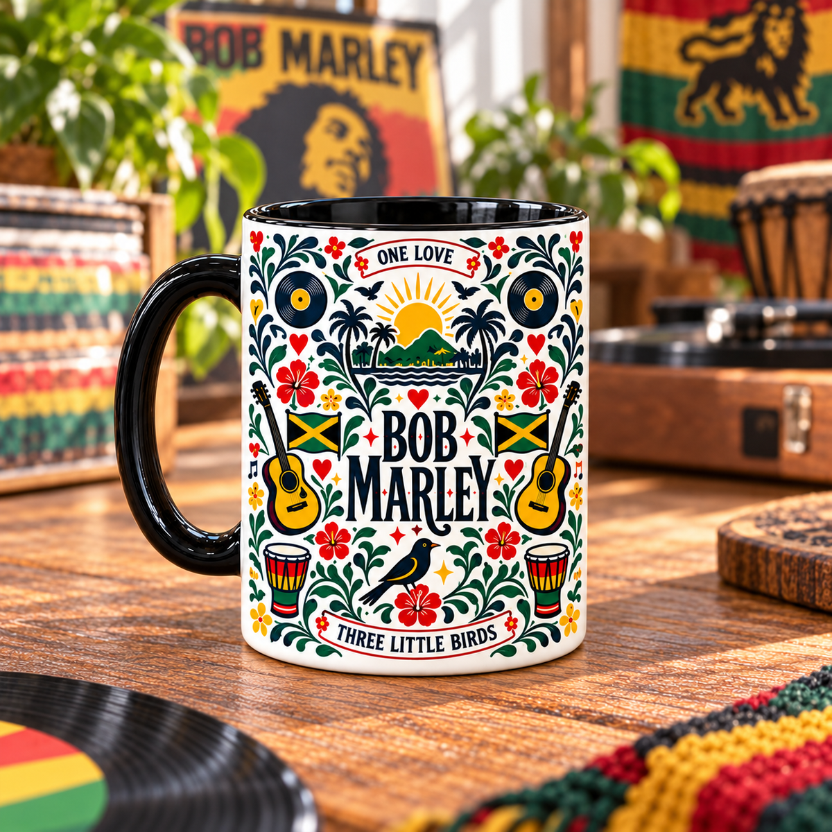 Bob Marley Nordic Folk Mug, One Love Redemption Song Coffee Cup, Three Little Birds Reggae Music Gift