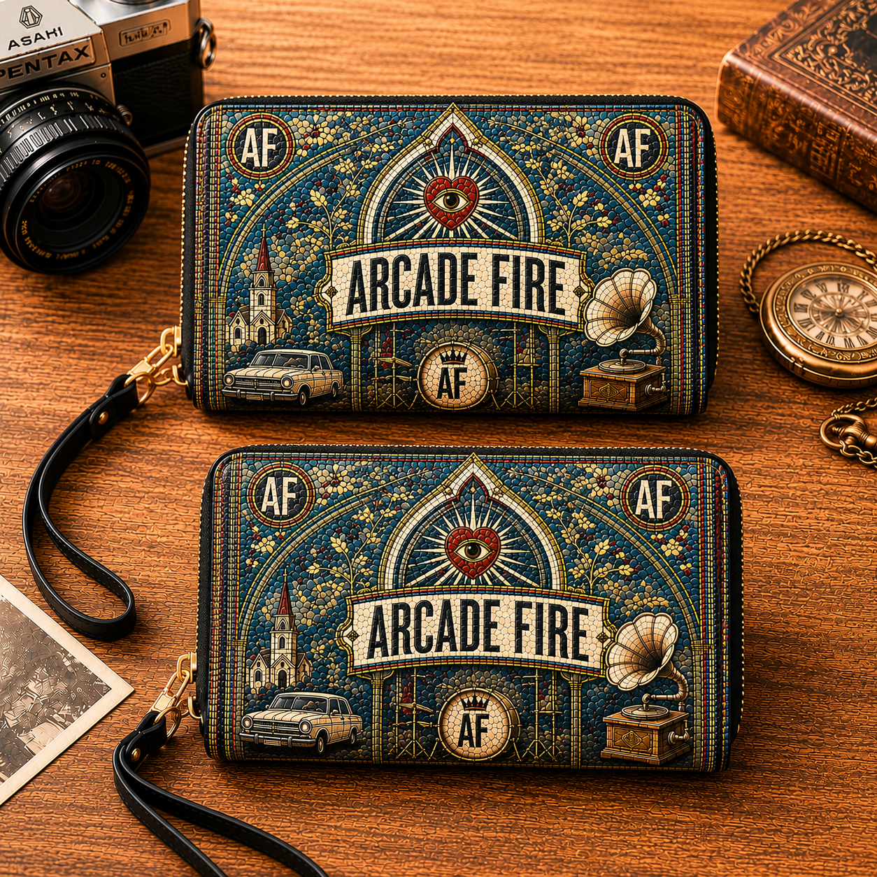 Arcade Fire Leather Handbag, Leather Tote Bag, Leather Wallet Set - Mosaic Arcade Fire Band Fan Gift, Luxury Rock Music Accessories