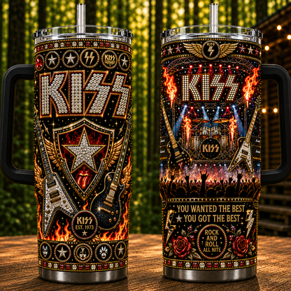 Kiss Band 40oz Rhinestone Insulated Tumbler with Handle - Stainless Steel Travel Mug with Straw and Lid