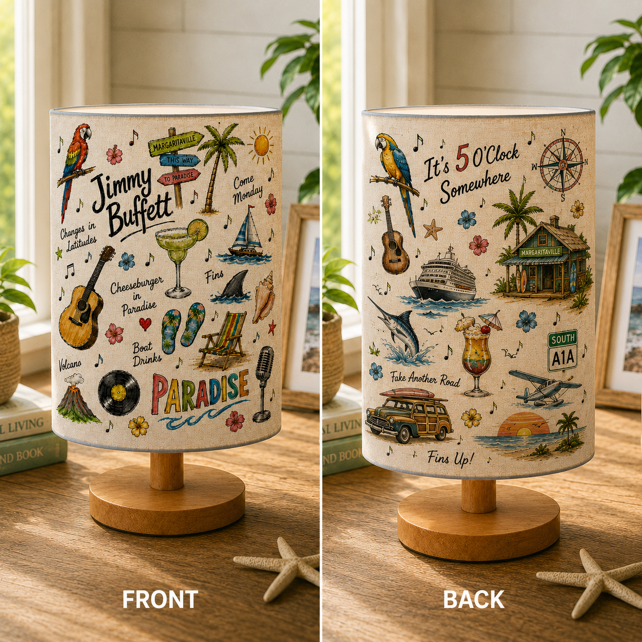 Jimmy Buffett Sketch Fabric Table Lamp – Tropical Music Room Decor Bedside Lamp