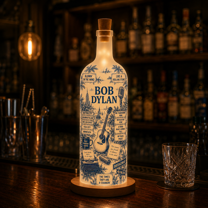 Bob Dylan Bottle Lamp – Handmade LED Glass Bottle Lamp, Vintage Bob Dylan Music Night Light Gift for Folk Rock Fans