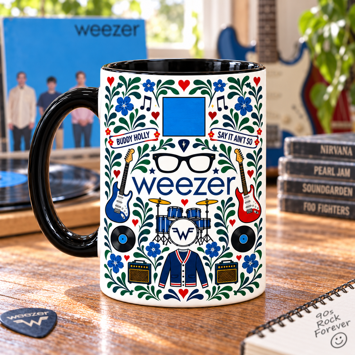 Weezer Nordic Folk Mug, Buddy Holly & Island in the Sun Coffee Cup, Blue Album Alternative Rock Gift