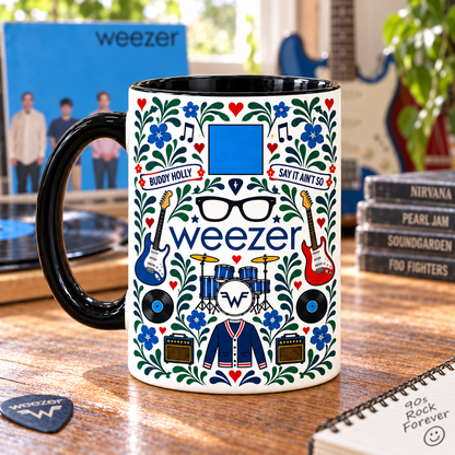 Weezer Nordic Folk Mug, Buddy Holly & Island in the Sun Coffee Cup, Blue Album Alternative Rock Gift