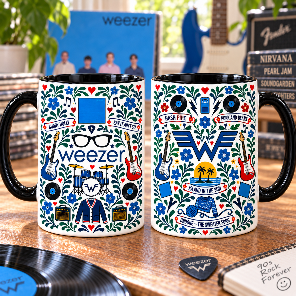 Weezer Nordic Folk Mug, Buddy Holly & Island in the Sun Coffee Cup, Blue Album Alternative Rock Gift