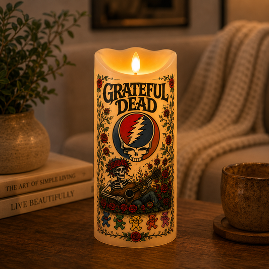 Grateful Dead Flameless LED Candle – Steal Your Face Music Candle, Skull & Roses Decor, Hippie Rock Gift, Grateful Dead Fan LED Candle