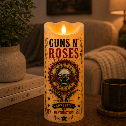 Guns N' Roses Flameless LED Candle – Appetite for Destruction Music Candle, Classic Rock Home Decor, Guns N' Roses Fan Gift, LED Flickering Candle