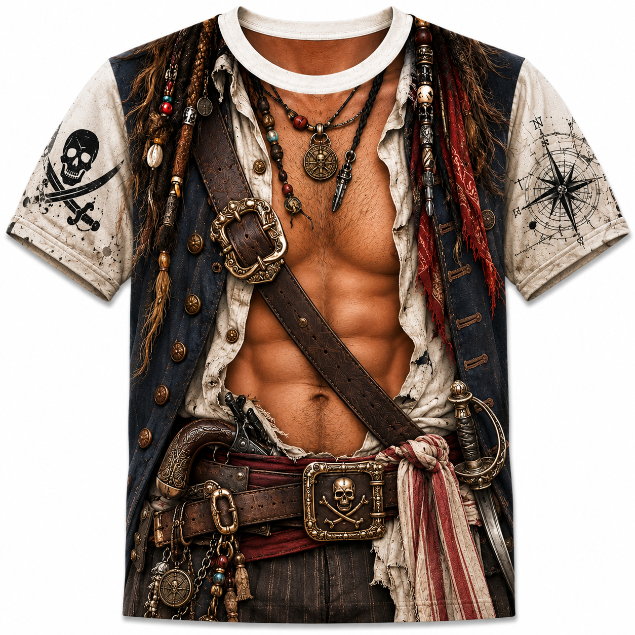 Pirate Captain 3D All Over Print T-Shirt – Funny Jack Sparrow Inspired Costume Shirt, Pirate Cosplay Graphic Tee for Men, Halloween Cruise Vacation Gift