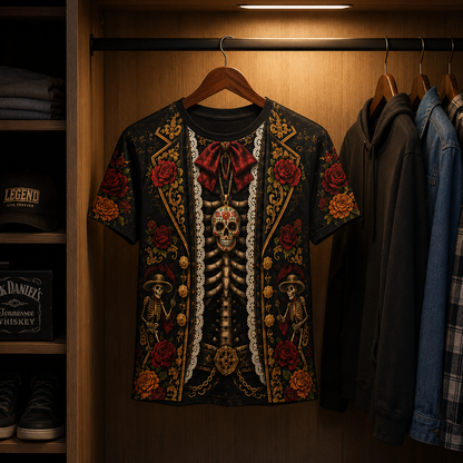 Funny Day of the Dead Skeleton Costume T-Shirt – Sugar Skull Fake Body Tee, Gothic Floral Illusion Shirt, Halloween Gift for Men & Women