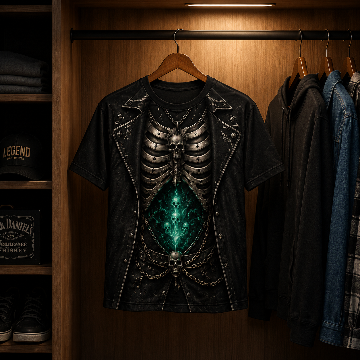 Funny Skeleton Fake Muscle T-Shirt – Gothic Skull Body Illusion Tee, Dark Fantasy Costume Shirt, Halloween Gift for Men & Women