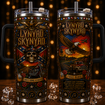 Lynyrd Skynyrd 40oz Rhinestone Insulated Tumbler with Handle - Stainless Steel Travel Mug with Straw and Lid