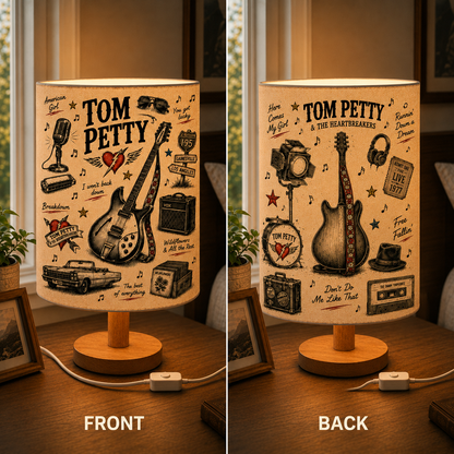 Tom Petty Sketch Fabric Table Lamp – Music Room Decor Wooden Bedside Lamp Gift