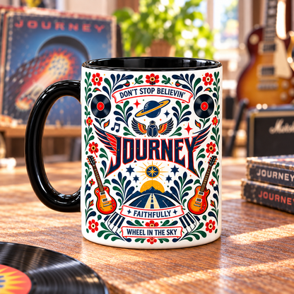 Journey Nordic Folk Mug, Don’t Stop Believin’ Faithfully Coffee Cup, Classic Rock Scarab Music Gift