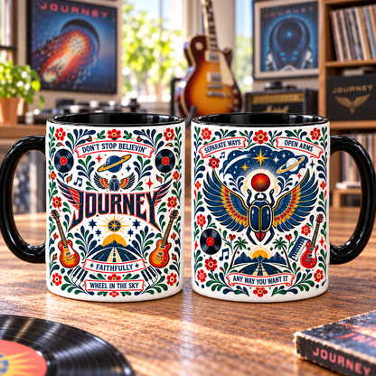 Journey Nordic Folk Mug, Don’t Stop Believin’ Faithfully Coffee Cup, Classic Rock Scarab Music Gift