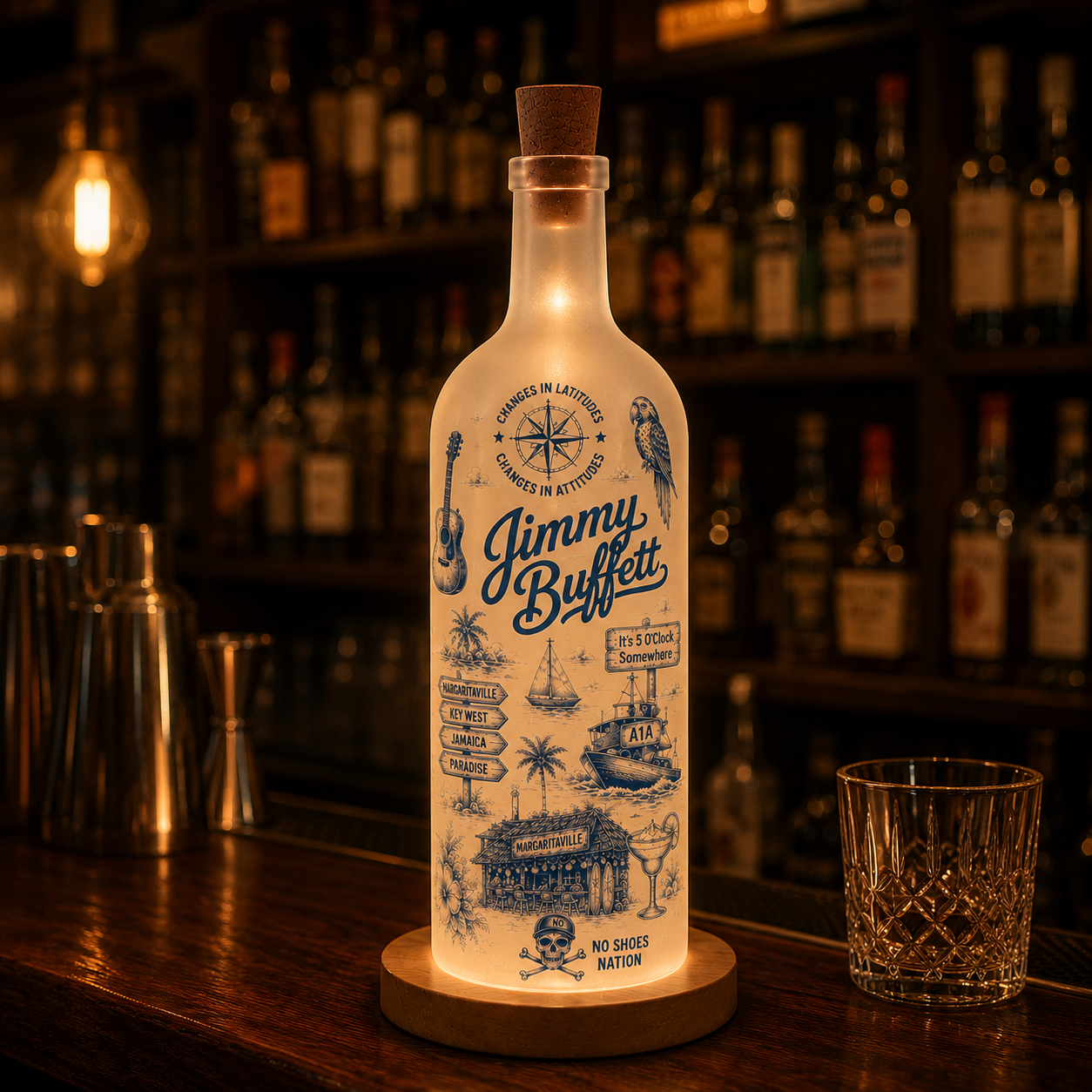 Jimmy Buffett Bottle Lamp – Handmade LED Glass Bottle Lamp, Tropical Jimmy Buffett Night Light, Margaritaville Coastal Decor Gift