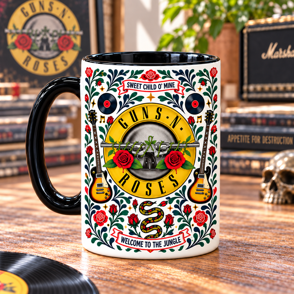 Guns N’ Roses Nordic Folk Mug, Sweet Child O’ Mine & Welcome to the Jungle Coffee Cup, Classic Rock Band Gift