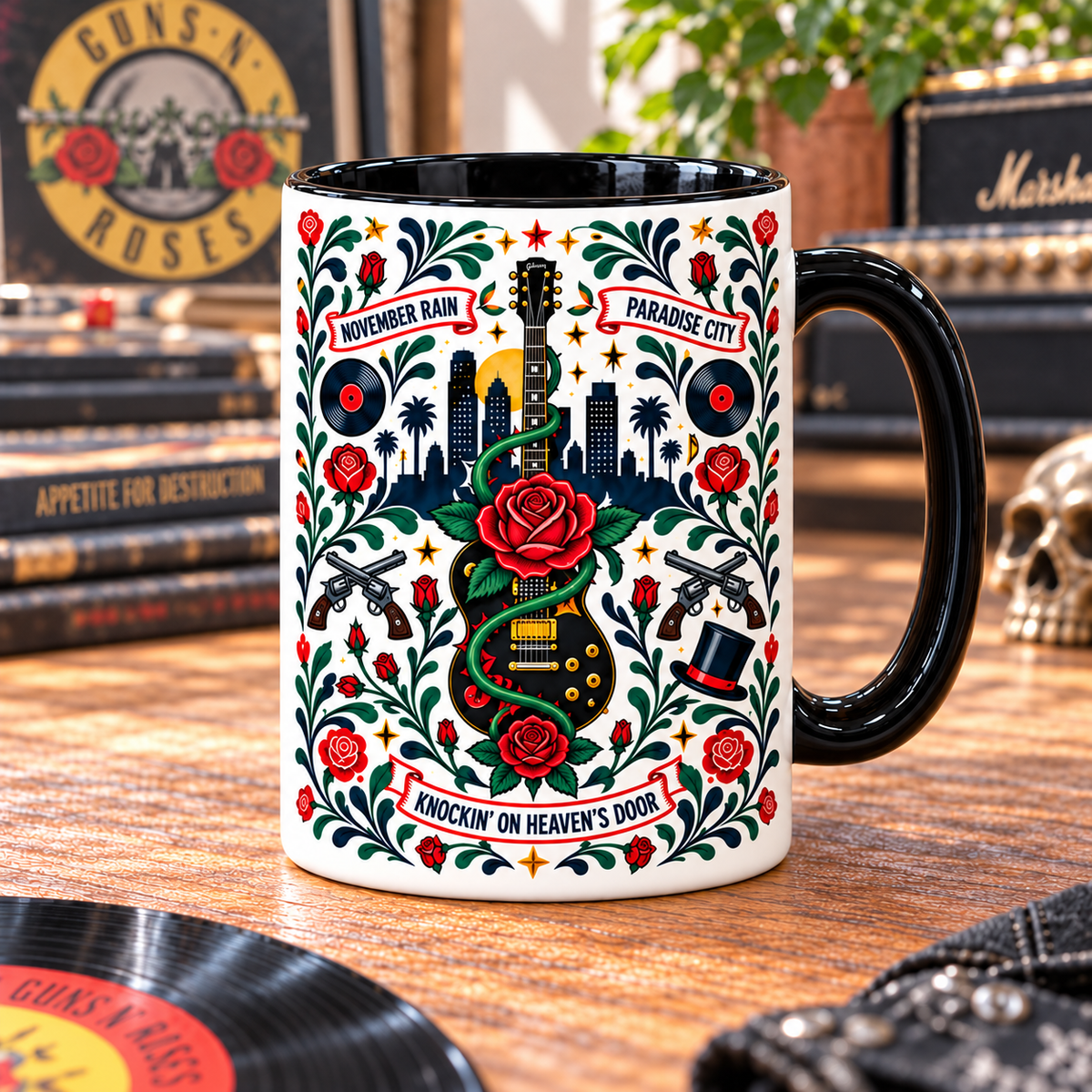Guns N’ Roses Nordic Folk Mug, Sweet Child O’ Mine & Welcome to the Jungle Coffee Cup, Classic Rock Band Gift