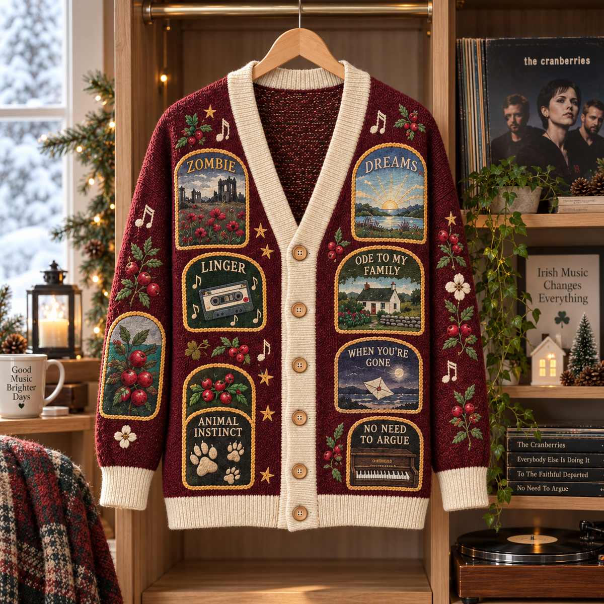 The Cranberries Patchwork Cardigan, Zombie Dreams Linger No Need to Argue Knit Sweater, Vintage Irish Alternative Rock Cardigan Gift