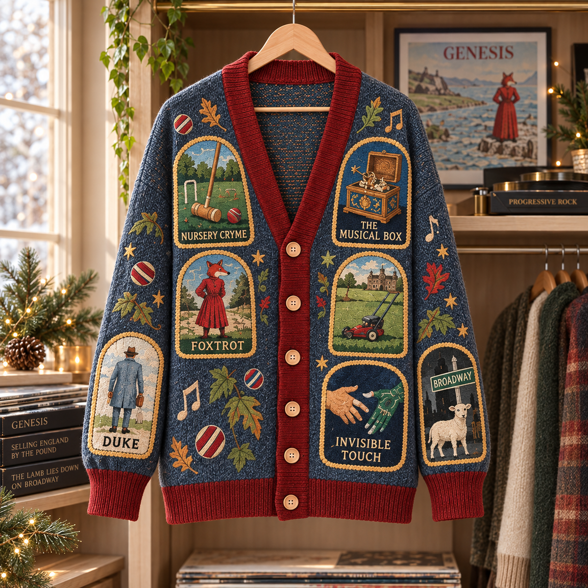 Genesis Patchwork Cardigan, Foxtrot Nursery Cryme Invisible Touch Knit Sweater, Progressive Rock Vintage Cardigan Gift