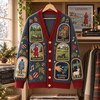Genesis Patchwork Cardigan, Foxtrot Nursery Cryme Invisible Touch Knit Sweater, Progressive Rock Vintage Cardigan Gift