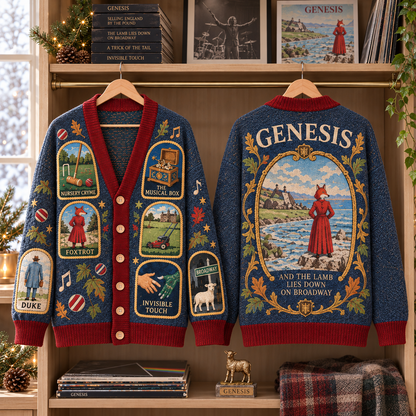 Genesis Patchwork Cardigan, Foxtrot Nursery Cryme Invisible Touch Knit Sweater, Progressive Rock Vintage Cardigan Gift
