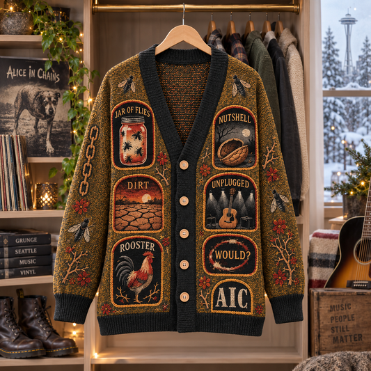 Alice in Chains Patchwork Cardigan, Dirt Jar of Flies Nutshell Unplugged Knit Sweater, Vintage Grunge Rock Cardigan Gift
