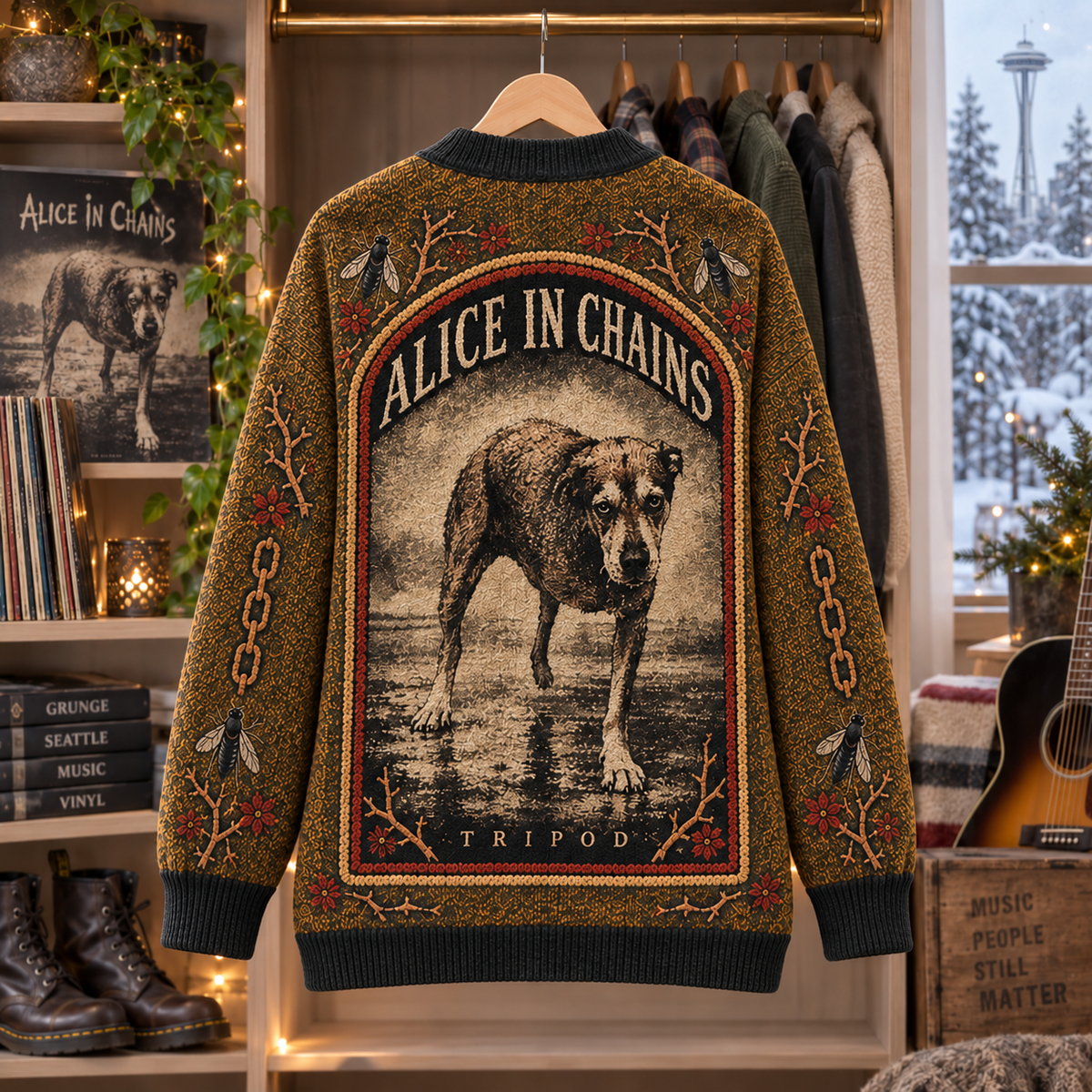 Alice in Chains Patchwork Cardigan, Dirt Jar of Flies Nutshell Unplugged Knit Sweater, Vintage Grunge Rock Cardigan Gift