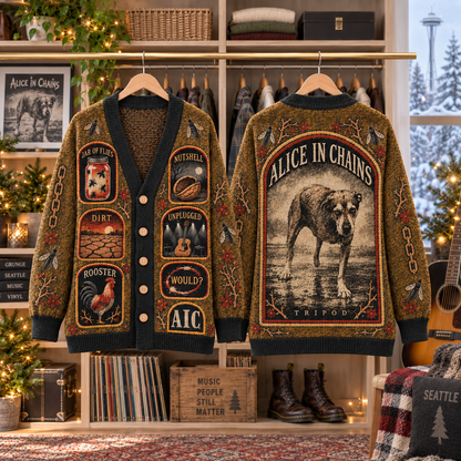 Alice in Chains Patchwork Cardigan, Dirt Jar of Flies Nutshell Unplugged Knit Sweater, Vintage Grunge Rock Cardigan Gift