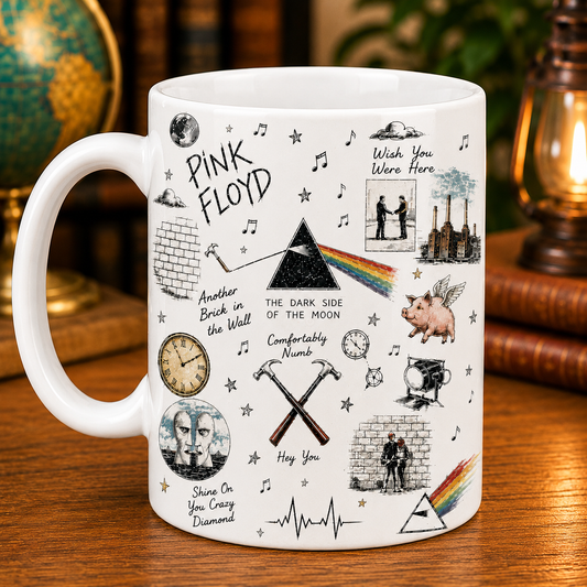 Pink Floyd Sketch Icon Collage Mug, Dark Side of the Moon and Wish You Were Here Coffee Cup, Classic Rock Fan Gift