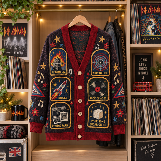 Def Leppard Patchwork Cardigan, Pyromania Hysteria Adrenalize Knit Sweater, Vintage Hard Rock Band Cardigan Gift